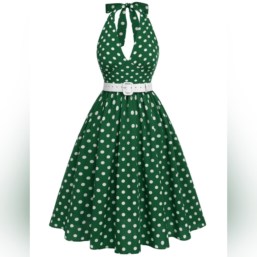 Retro Stage 1950's Green white polka dot halter dress